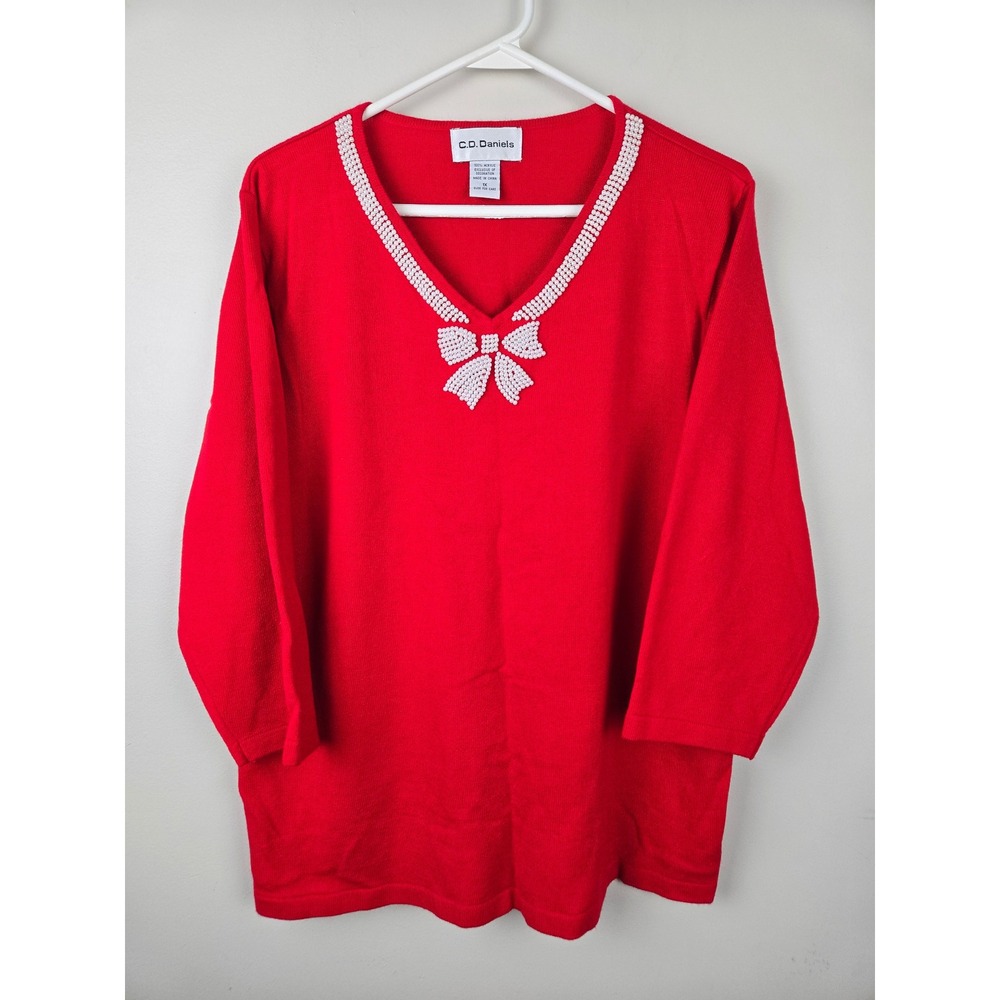 CD Daniels Womens Red Rhinestone Bow V Neck‎ 3/4 Sleeve Sweater Top Size 1X